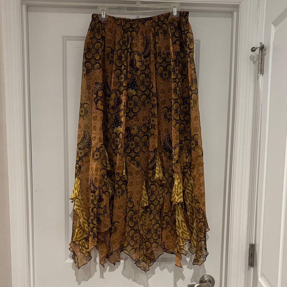 Elegant Asymmetrical Paisley Skirt - Brown and Gold - Elastic Waist